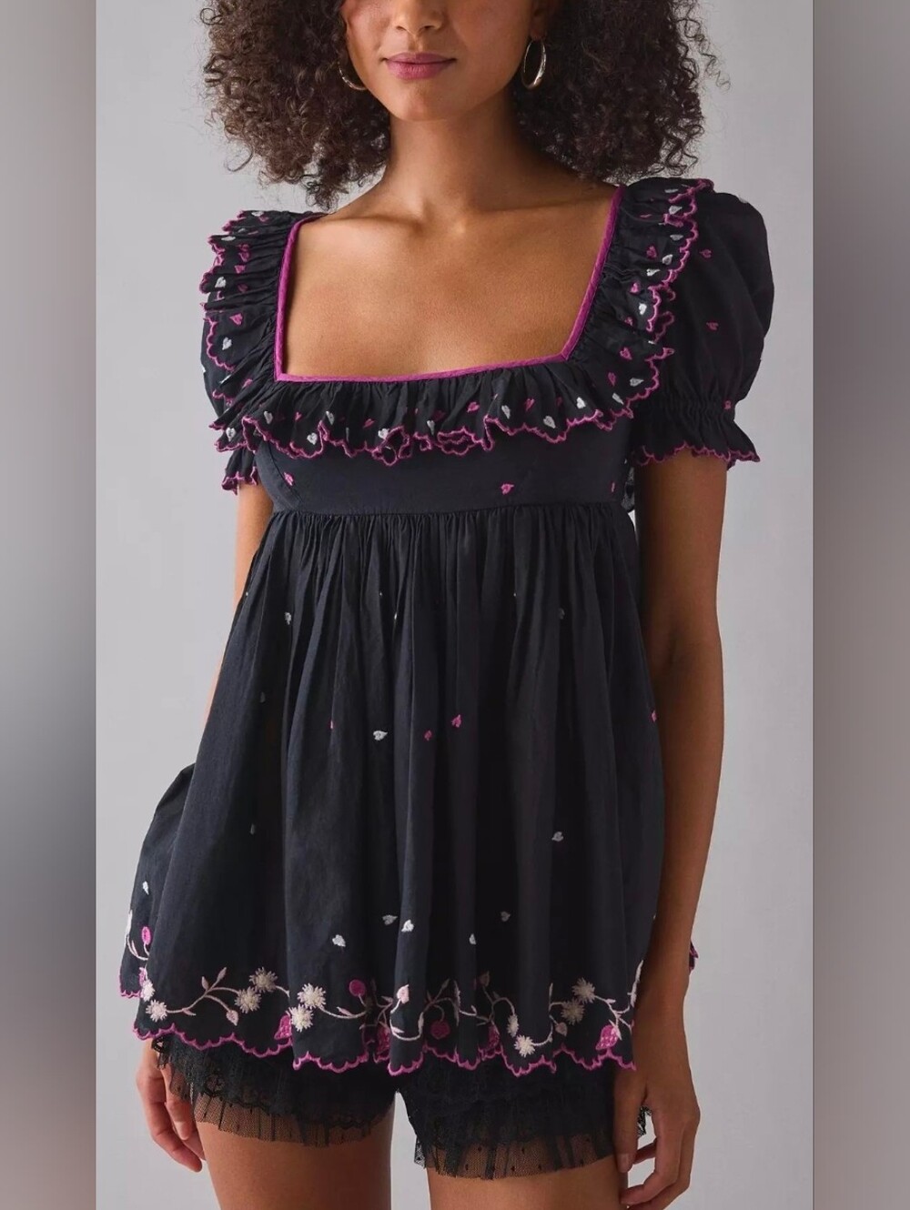 Kimchi Blue Floral Embroidered Ruffle Babydoll Tunic - Picture 1 of 5